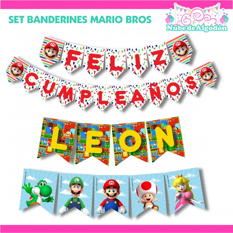 Pack Banderines Feliz Cumpleaños Personalizado Mario Bros - Nube de Algodón  Chile