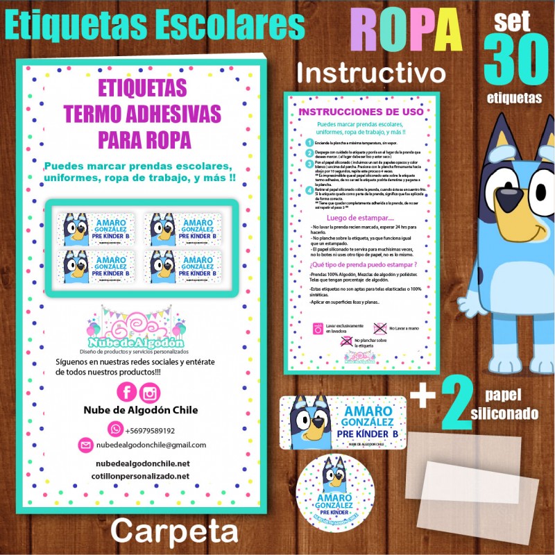 Etiquetas Para Marcar Ropa Termoadhesivas Bluey Niños- Jardin Infantil-  Colegio - Nube De Algodon Chile