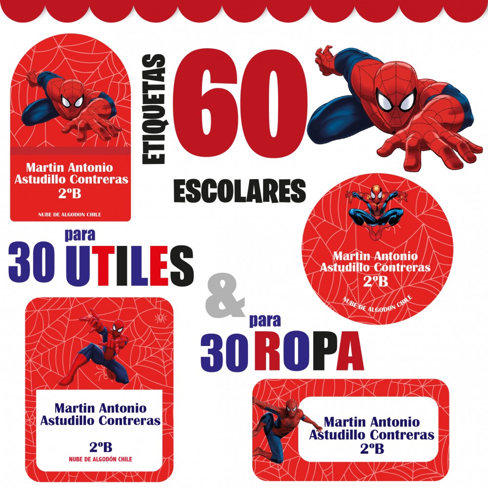 Etiquetas Para Marcar Ropa Spiderman Termo adhesivas Y Utiles Escolares Pack Niños - Nube De Algodon